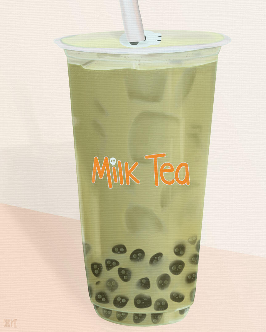 Illustration of iced matcha drink with skull boba pearls, drawn and digitally painted by Elle M Coombs