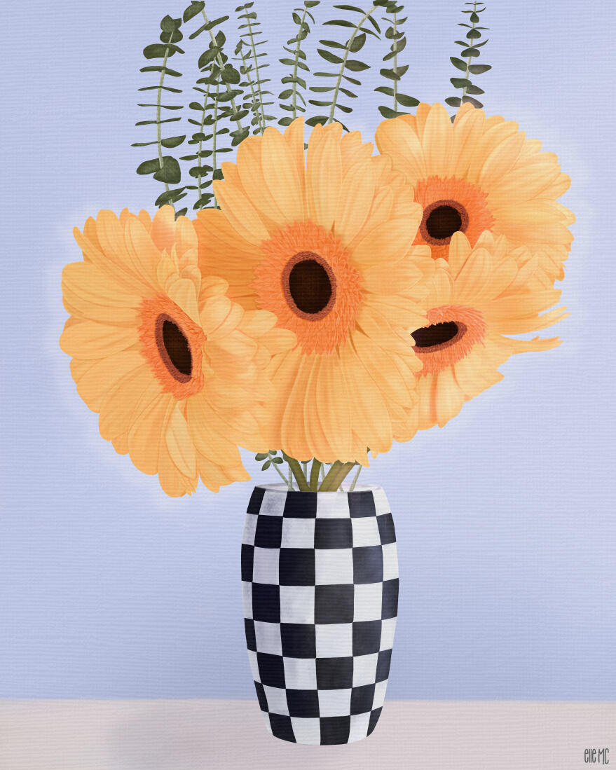 Gorgeous sunflowers in checkered vase, drawn and digitally painted by Elle M Coombs