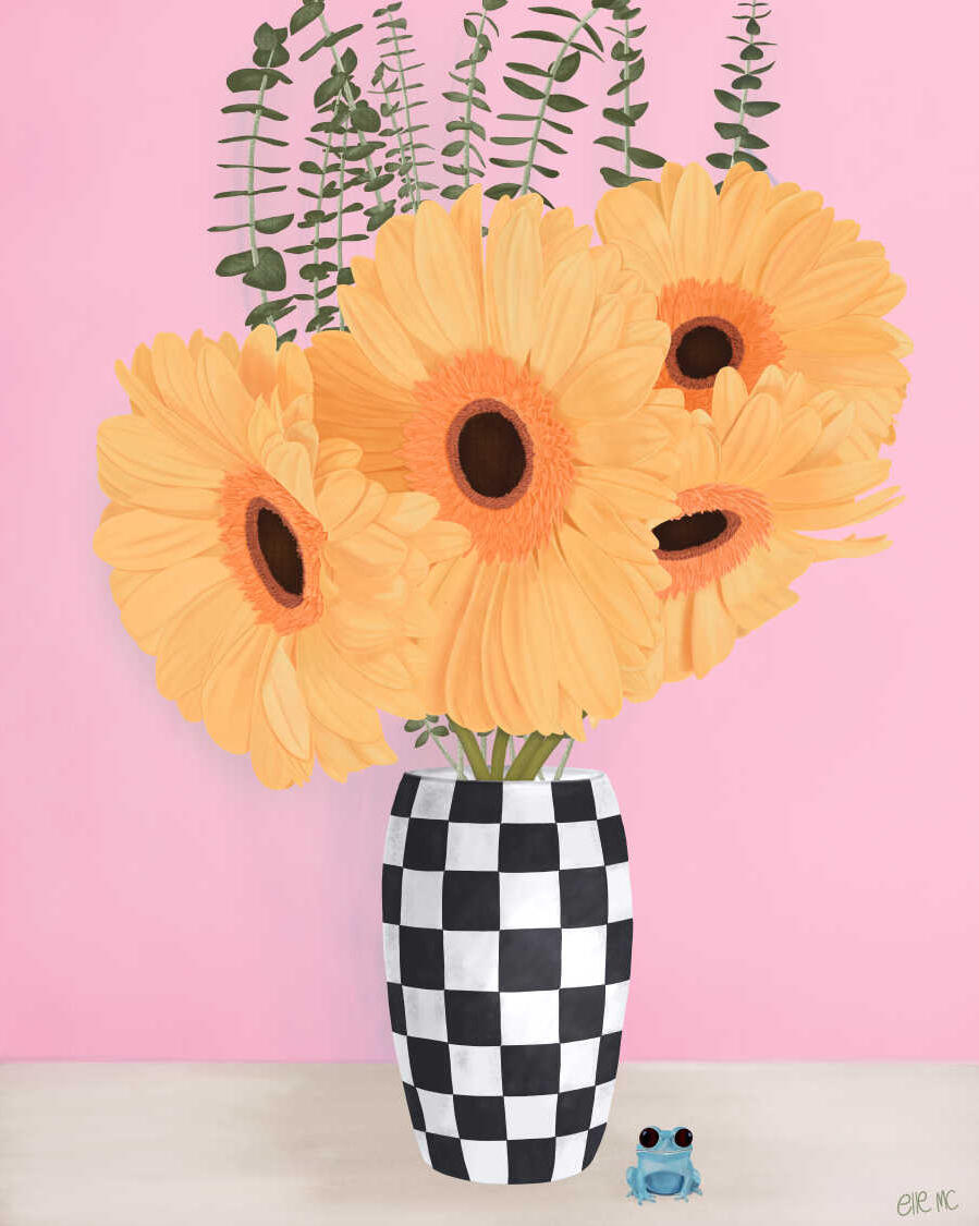 Gorgeous sunflowers in checkered vase, drawn and digitally painted by Elle M Coombs