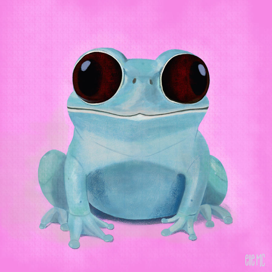 Cute blue frog drawn and digitally painted by Elle M Coombs