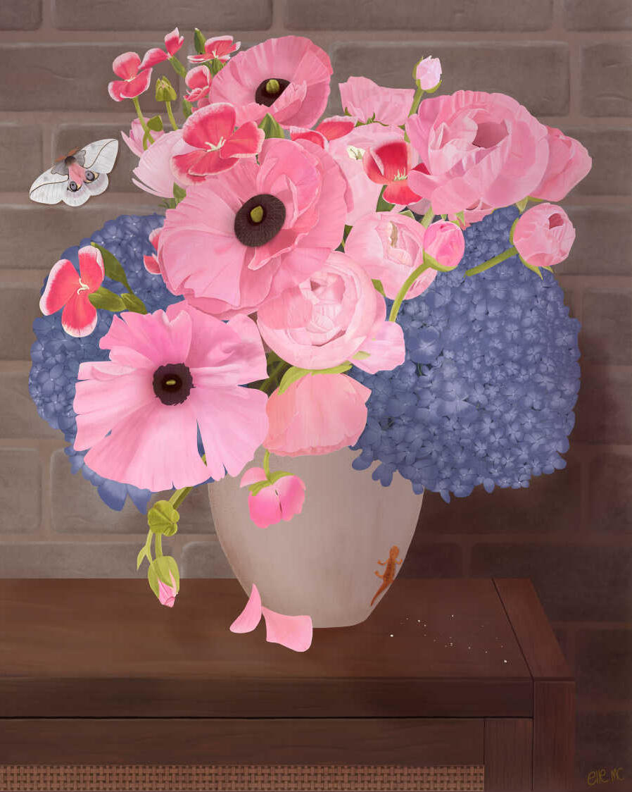 Beautiful pink roses and flowers in a vase, artwork drawn and digitally painted by hand by Elle M Coombs