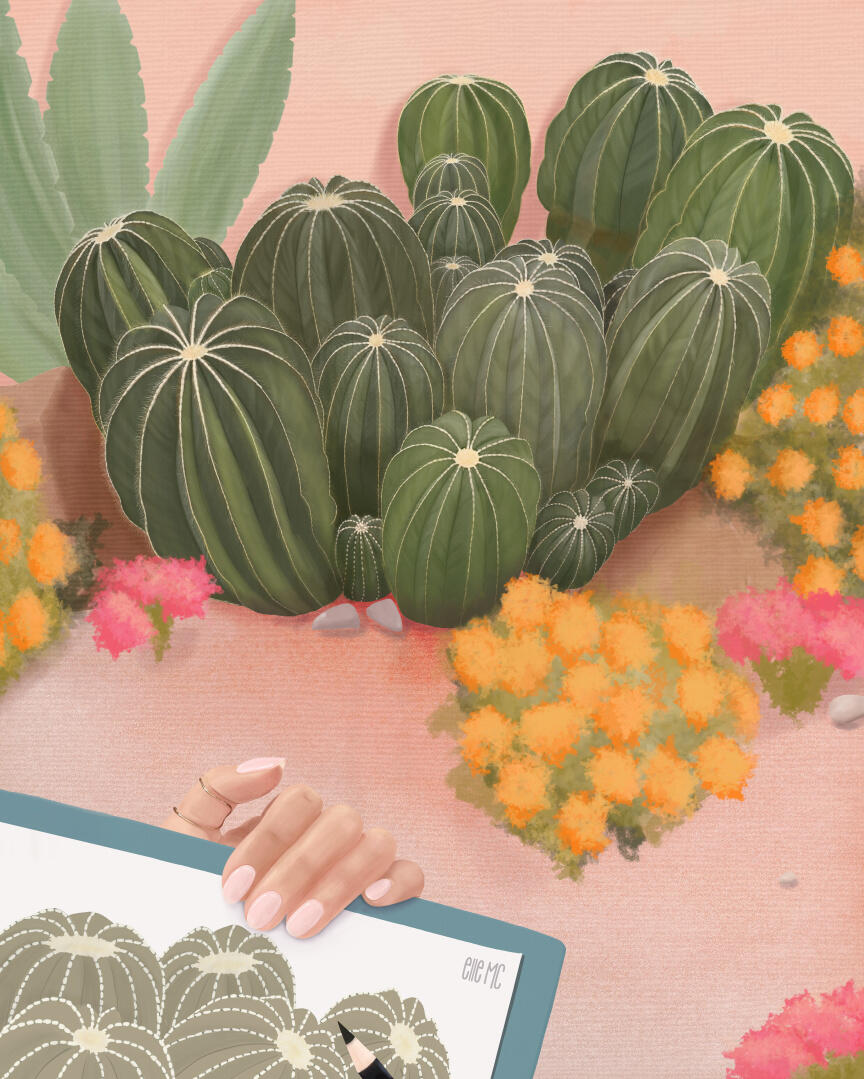 Artwork of cacti from my perspective as an artist, drawn and digitally painted by Elle M Coombs