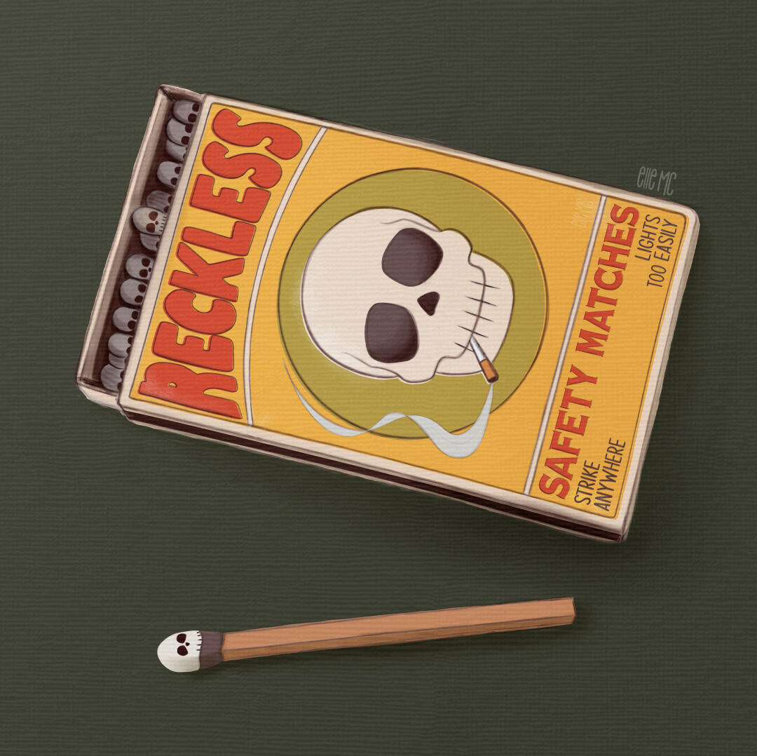 Illustration of skull matches in a matchbox, drawn and digitally painted by Elle M Coombs