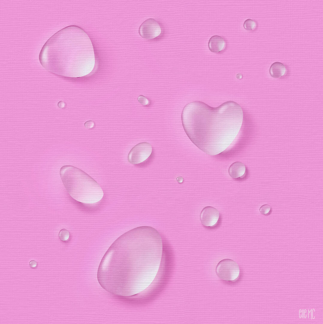 Illustration of pretty waterdrops on a pink background, drawn and digitally painted by Elle M Coombs