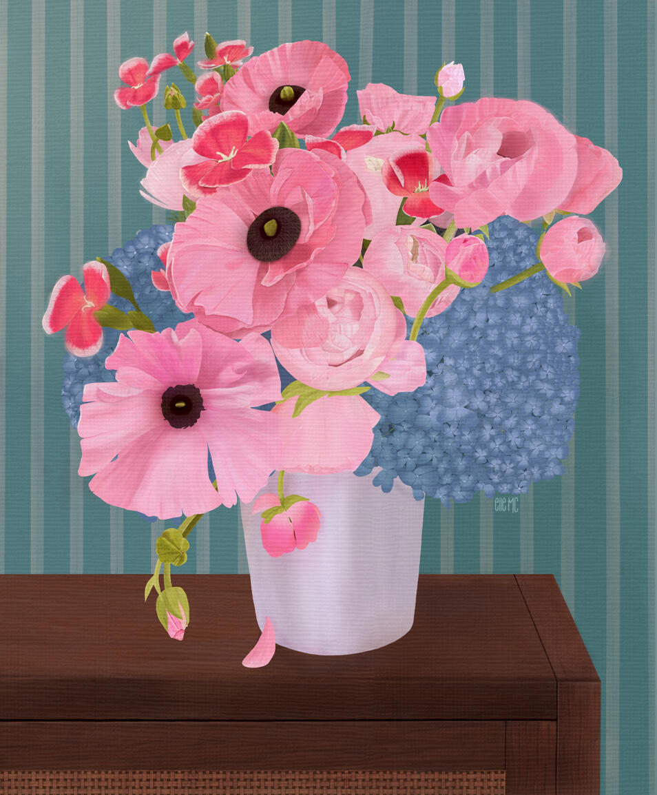 Beautiful pink roses and flowers in a vase, artwork drawn and digitally painted by hand by Elle M Coombs